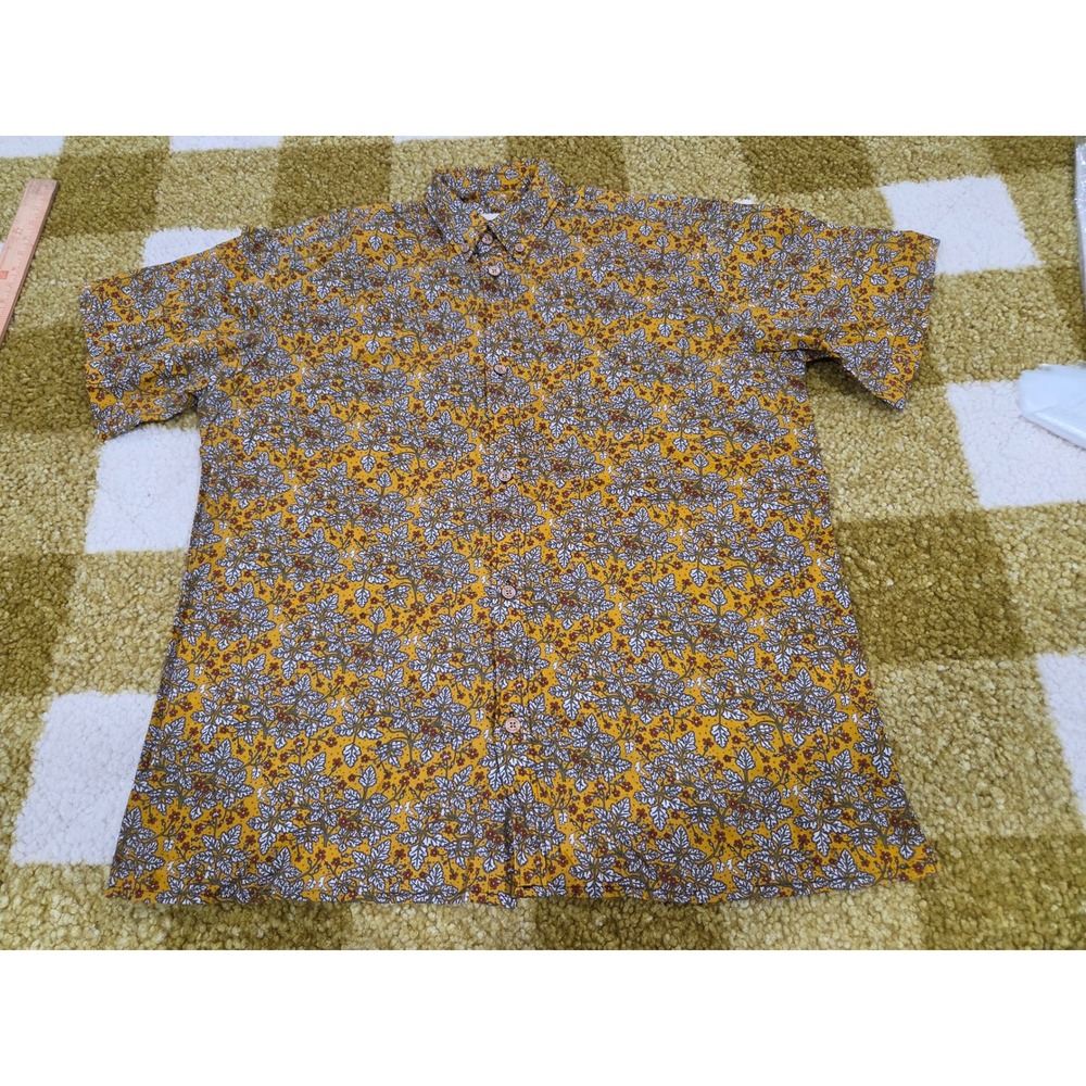 Yiume Mens XL Floral Leaf Print Button Down Shirt Mustard Yellow 100% Cotton